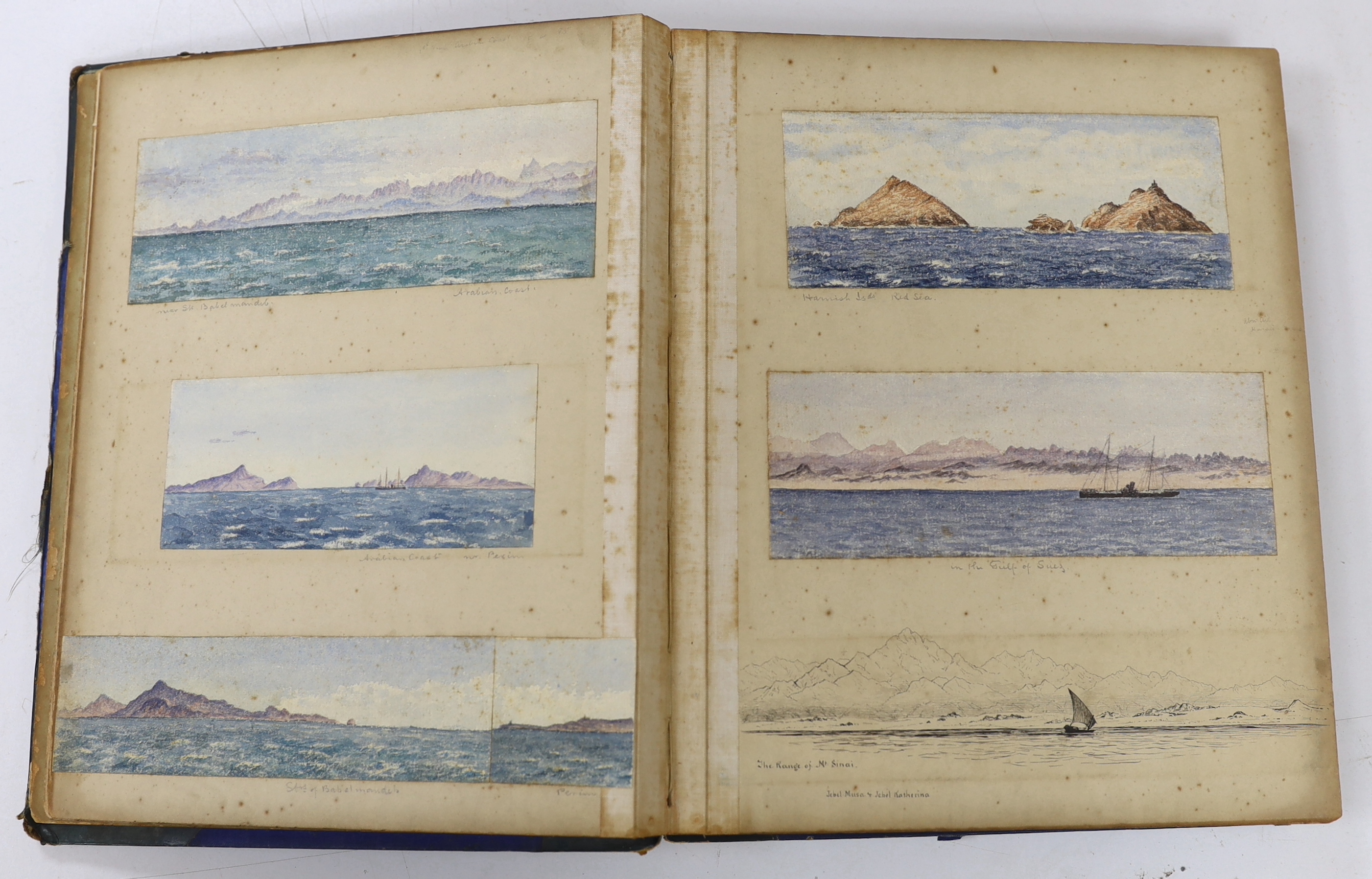 A late 19th / early 20th century album of watercolours and ink sketches, predominantly landscapes, including Torquay, Glasgow, table mountain, South Africa, Suez Canal and the Arabian coast, 36 x 30cm